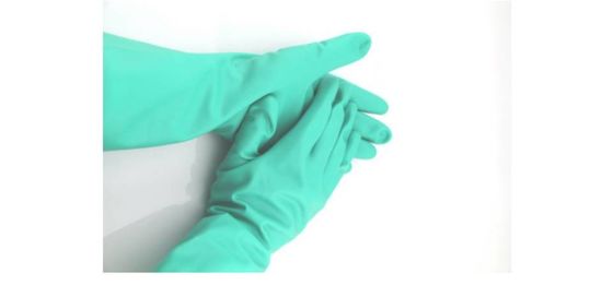 Ambidextrous Green Nitrile Glove Non Beaded Cuff in Green Blue White Colors Providing Protection for Various Industries